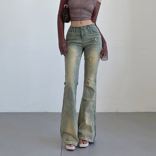 Women's American-style Rivet Wear High Waist Flared Jeans