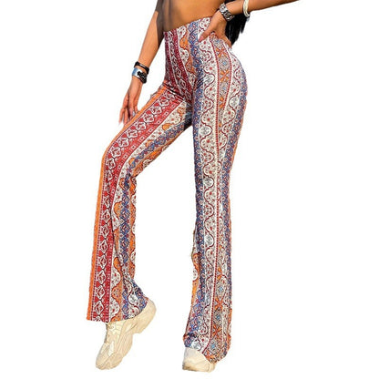 Meilaoshi New Bohemian Style Bell-bottom Pants Women's Ethnic Style Fashion Casual Stretch