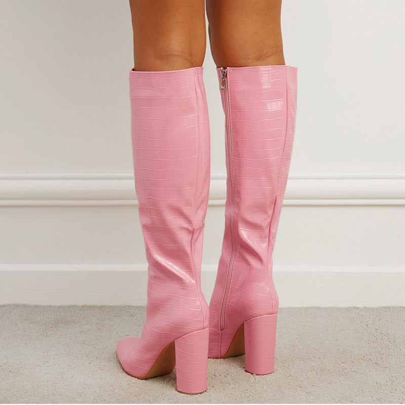 Fashion Boots Winter Pointed Toe High Square Heel Shoes With Side Zipper Mid-calf Boots Women