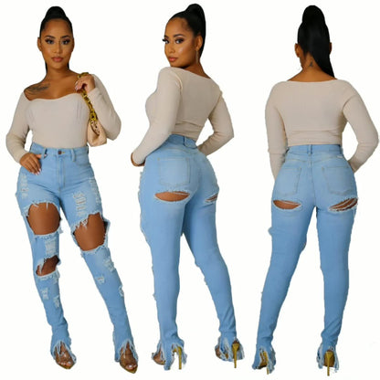 Shredded Fringe Irregular Slit Pencil Jeans