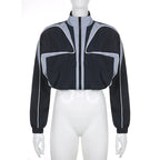 Women's Color Contrast Stitching Loose Waist Zipper Stand Collar Top Sweater Jacket