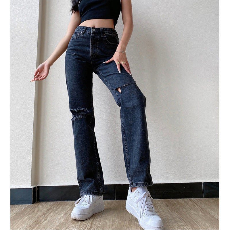 High Waist And Thin Straight Tube Slim Hole Jeans Women's Trousers