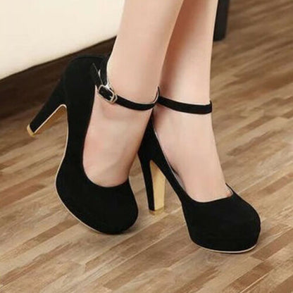 Chunky Heel Pumps Womens Black High Heels With Solid Color Buckle