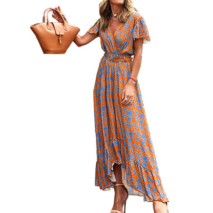 Fashion Printed V-neck Casual Irregular Dress