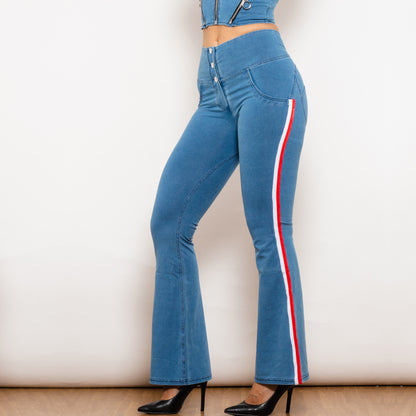 Shascullfites Melody Light Blue Striped Flared Lift Jeggings Button Up Butt Lift High Waist Flare Jeans Women Shaping Jeans