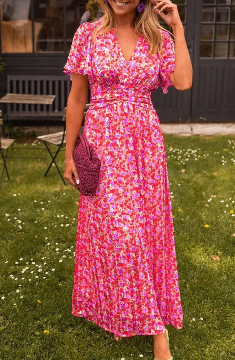 Printed Waist-controlled V-neck Dress