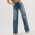 Ins Retro Hong Kong Style High Waist Jeans Wide Leg Ripped