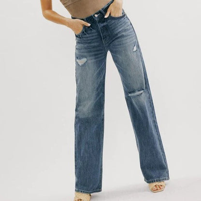 Ins Retro Hong Kong Style High Waist Jeans Wide Leg Ripped