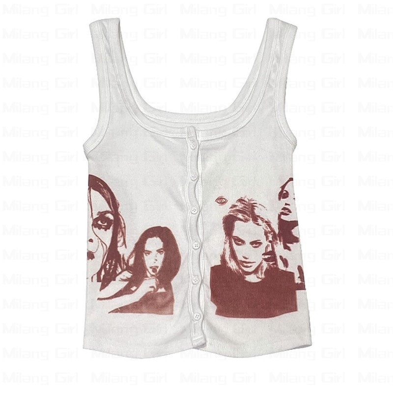 Vintage Graphic Print Pullover Sleeveless Ladies Top