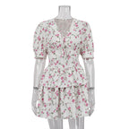 V-neck Lace-up Ruffled Floral Short Sleeve Dress