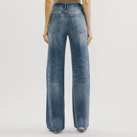 Ins Retro Hong Kong Style High Waist Jeans Wide Leg Ripped