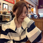 Women's American-style Retro Half-zip Striped Sweater
