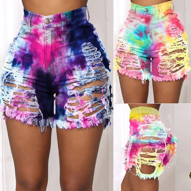 Tie-dye printed denim shorts