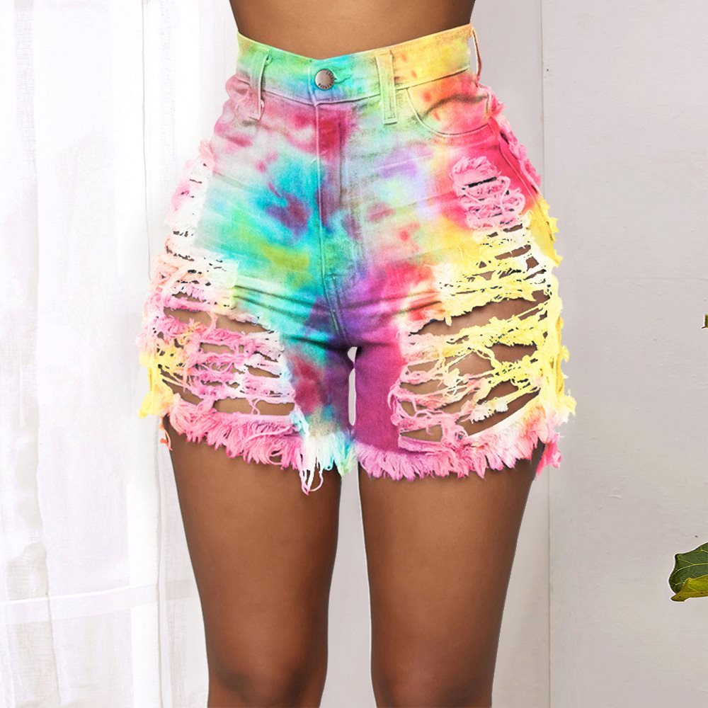 Tie-dye printed denim shorts