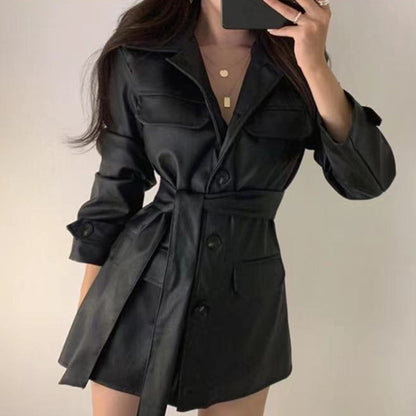 Women's Single Row Fashion Mid-length Leather Jacket