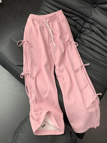 Women's Korean-style Vintage Bow Lace Up Straight Sweatpants