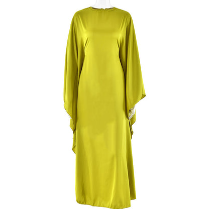 New Round Neck Satin Batwing Sleeve Loose Dress