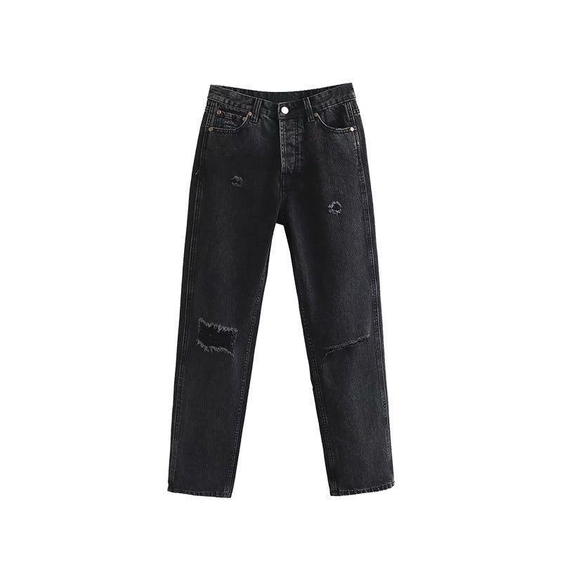 High Waist And Thin Straight Tube Slim Hole Jeans Women's Trousers