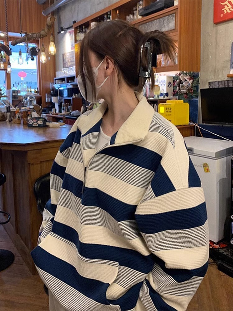 Women's American-style Retro Half-zip Striped Sweater