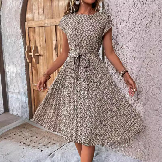 Summer Short Sleeve Lace-up Pleated Dress