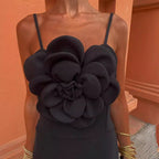 Ice Silk Wrinkle Large Flower Sling Evening Long Dress