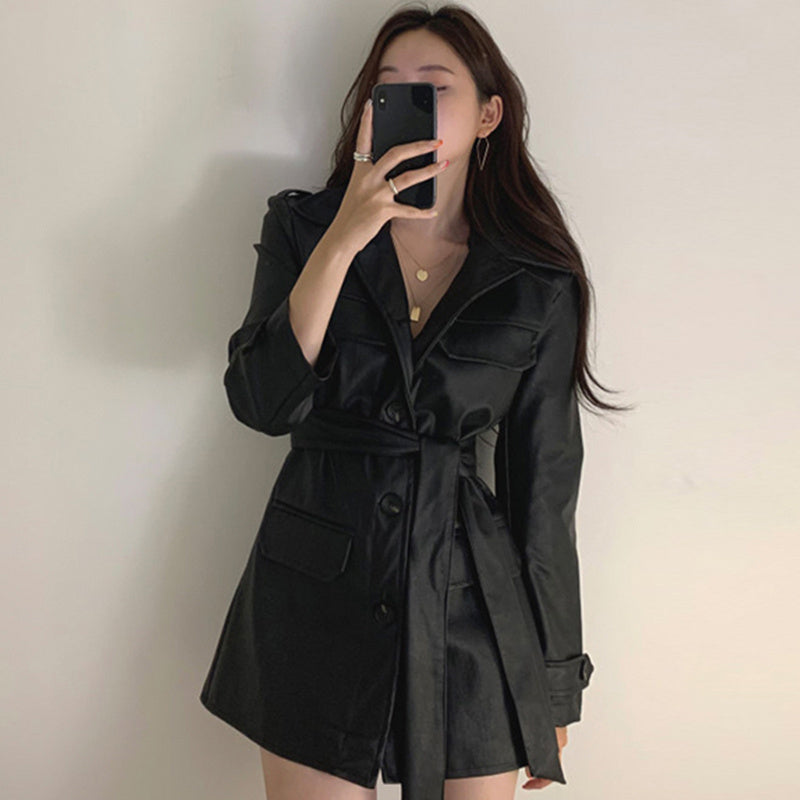 Women's Single Row Fashion Mid-length Leather Jacket