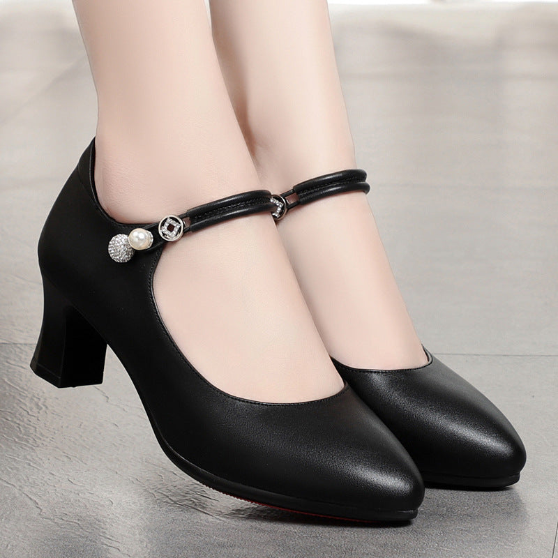 Mom Shoes High Heel Pumps Women's Middle-aged Shoes With Buckle Mid Heel Women's Leather Shoes