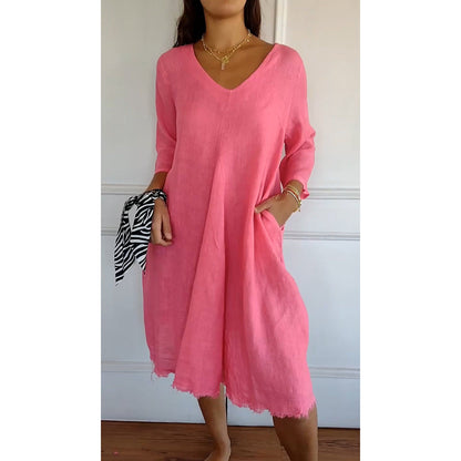 Spring And Summer Loose-fitting Plus Size V-neck Mid-length Dress