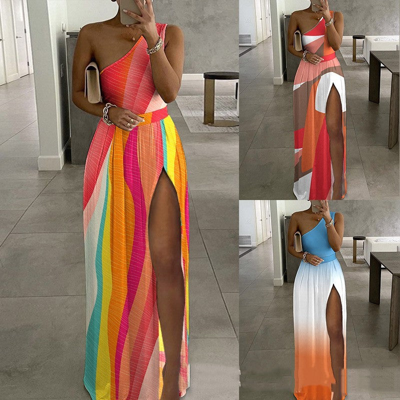 Women's Printed One-shoulder Slit Dress