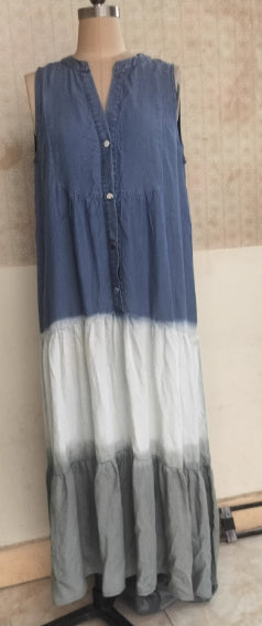 Women's Tie-dye Lyocell Denim Blue And White Long Sleeveless Dress