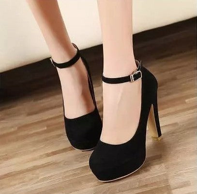 Chunky Heel Pumps Womens Black High Heels With Solid Color Buckle