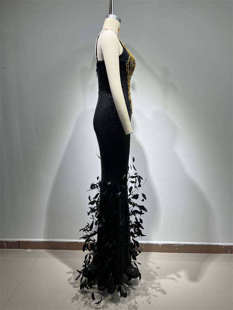 Black Feather Sequins Sling Dress