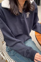 Vintage Embroidered Half Zipped Stand Collar Loose Sweater Women's Coat