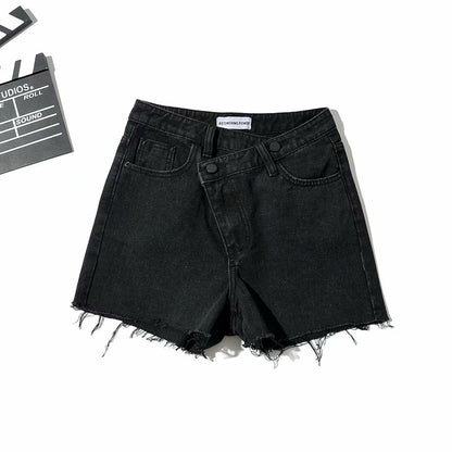 European And American Asymmetrical Slanted Denim Shorts