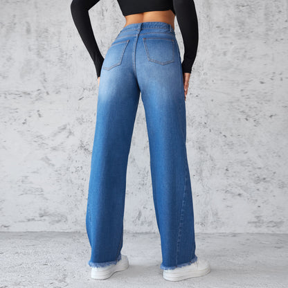 Fashion Straight Wide Leg Jeans Casual High Waist Non Elastic Women's