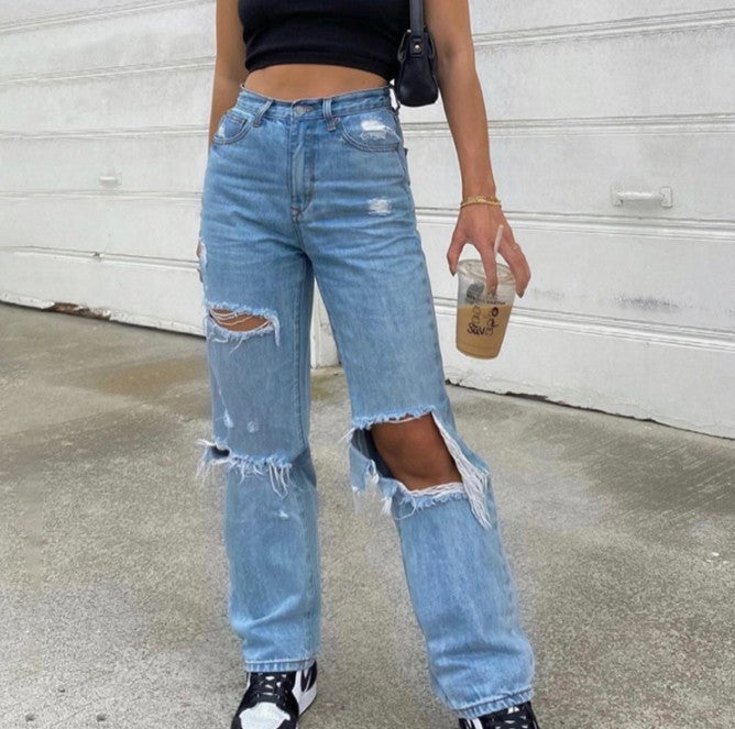 Fashion High Waist Ripped Wide Leg Thin Jeans Women