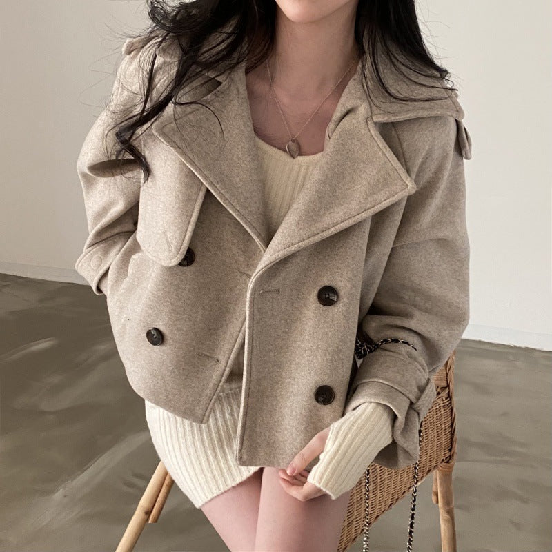 Suit Collar Double Breasted Loose All-match Long Sleeve Short Woolen Coat