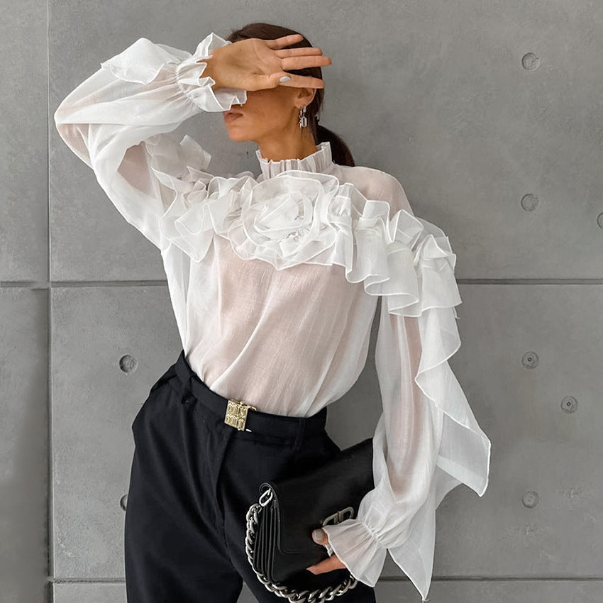 Ruffled Graceful Stand Collar Tencel Shirt