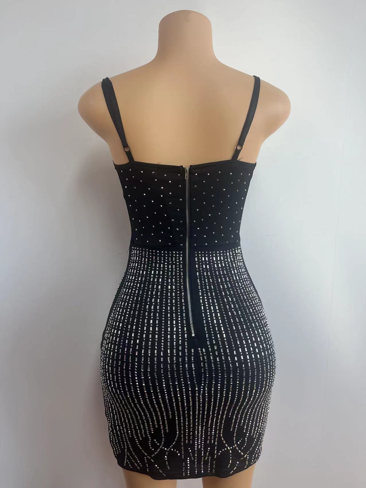 Fashion Women's Wear Mesh Rhinestone Hip Skirt Solid Color Sleeveless Sling Dress