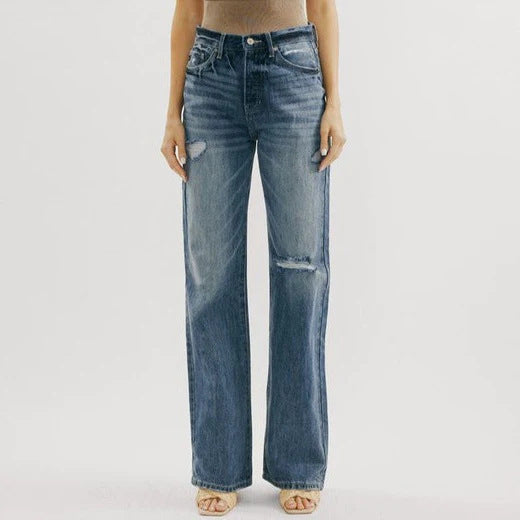 Ins Retro Hong Kong Style High Waist Jeans Wide Leg Ripped