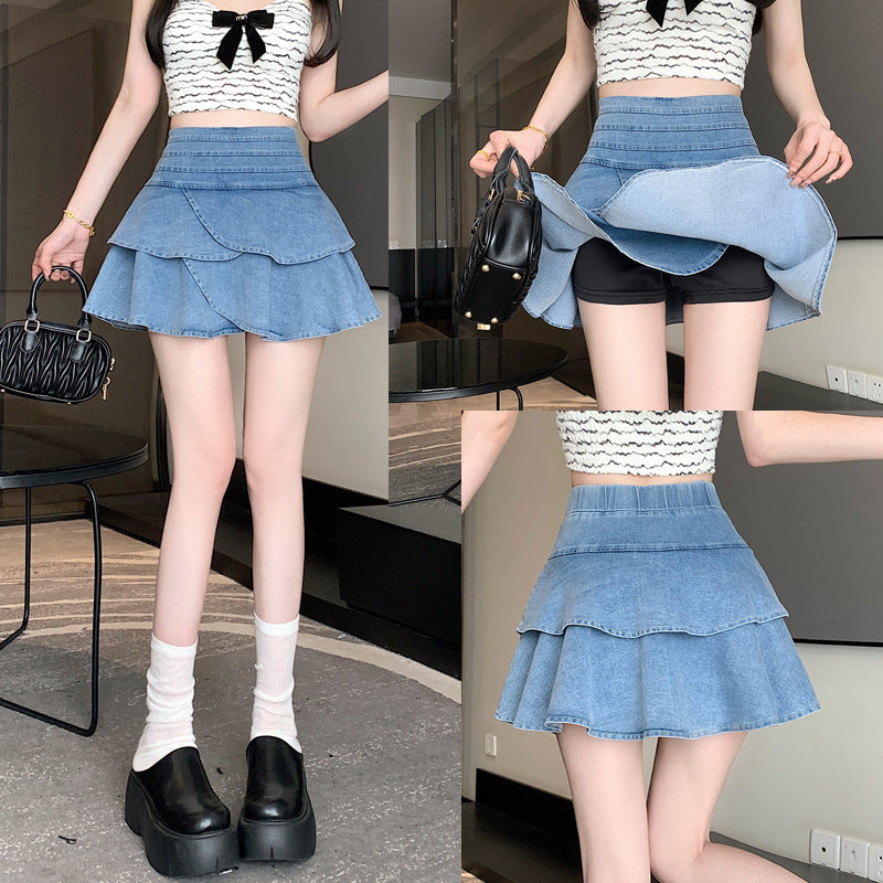 Denim Skirt Elastic Waist Lotus Leaf Border Light Skirt