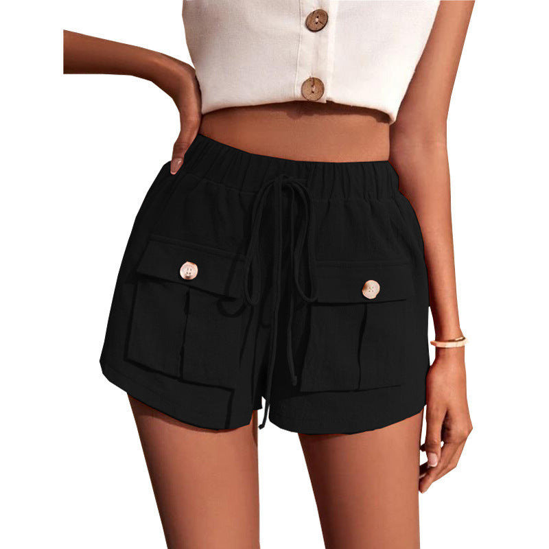 Women's Pocket Loose Mid Waist Drawstring Leisure Cargo Short