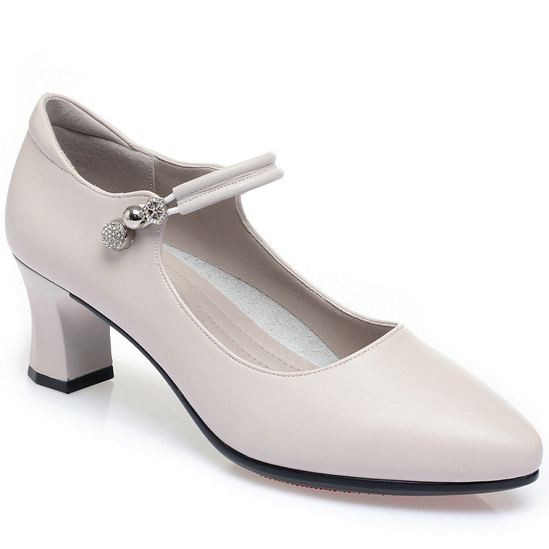 Mom Shoes High Heel Pumps Women's Middle-aged Shoes With Buckle Mid Heel Women's Leather Shoes