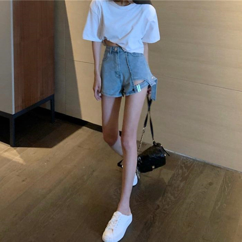 All-match irregular high waist denim shorts