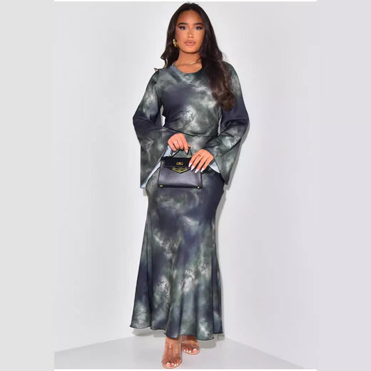 Loose Printed Casual Long Satin Satin Dress