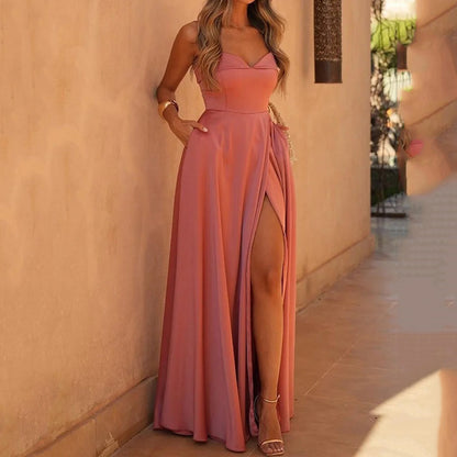 Sexy Shoulder Strap Slit Solid Color Dress