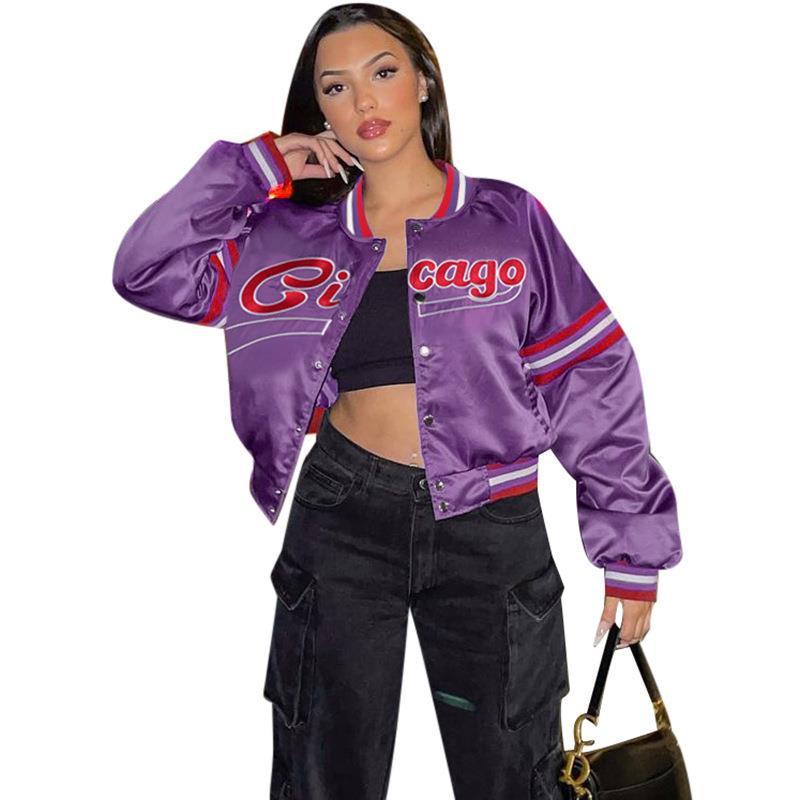 Women's Embroidered Contrast Color American Baseball Jacket