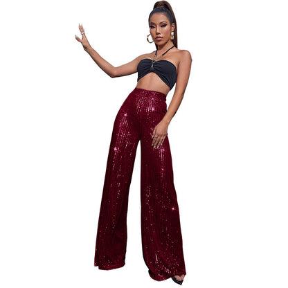 High Waist Casual Pants Sequins Loose-fitting Drape