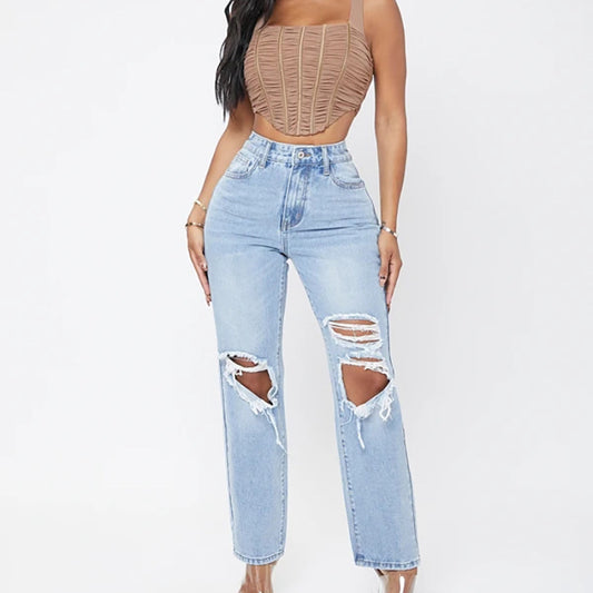 Women's Fashionable High Waist Washed Jeans