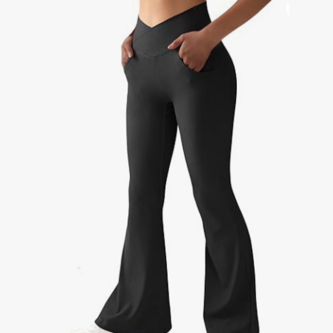 Women's Rib Cross Yoga Belt Pocket High Waist Flared Pants